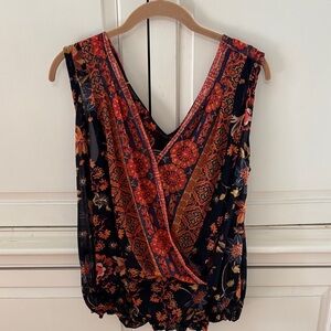 Free People Floral Sleeveless Wrap Top - Black and  Orange L